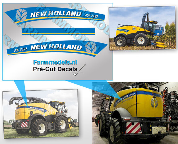 New Holland FR 920 type stickers voor Marge Models NH-hakselaar Pr&eacute;-Cut Decals 1:32 Farmmodels.nl 