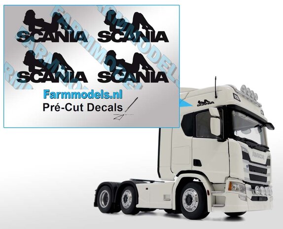Scania logo met vrouw, Zwart op transparante folie, 7,5 x 16 mm Pr&eacute;-Cut Decals 1:32 Farmmodels.nl