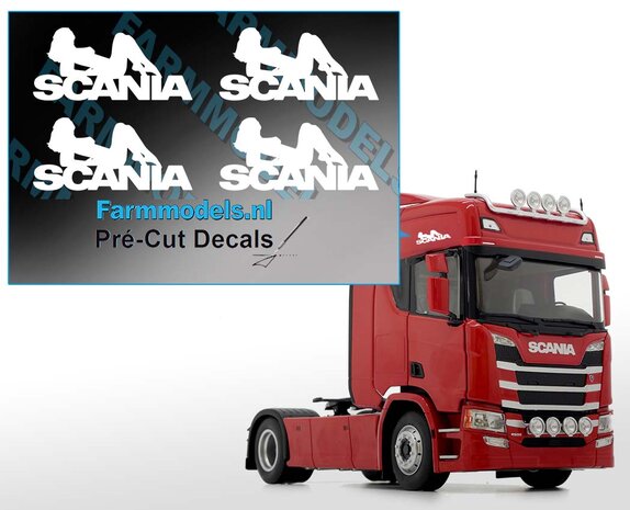 Scania logo met vrouw, wit op transparante folie, 7,5 x 16 mm Pr&eacute;-Cut Decals 1:32 Farmmodels.nl
