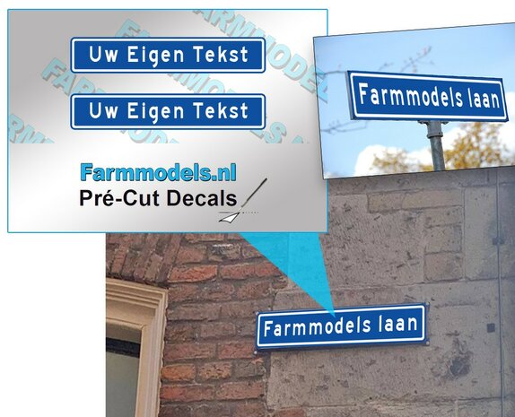 Straatnaambord met Uw Eigen Tekst op blauwe folie, 6,25 mm hoog Pr&eacute;-Cut Decals 1:32 Farmmodels.nl