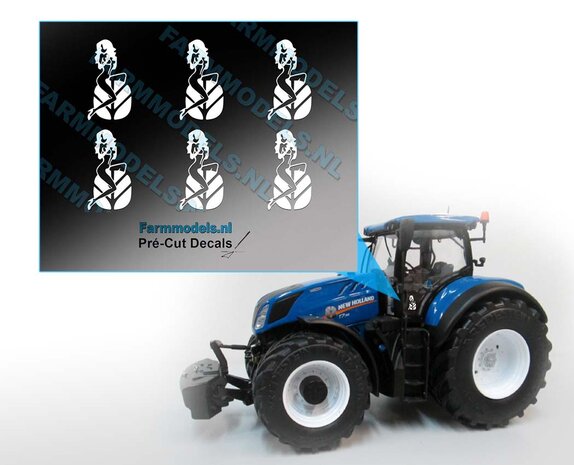 New Holland Logo / Embleem met vrouw, 6 keer wit op transparante folie 7,5 x 4 mm  Pr&eacute;-Cut Decal op transparant 1:32 Farmmodels.nl 