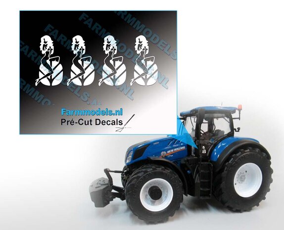 New Holland Logo / Embleem met vrouw, 4 keer wit op transparante folie 12,5 x 7 mm  Pr&eacute;-Cut Decal op transparant 1:32 Farmmodels.nl 