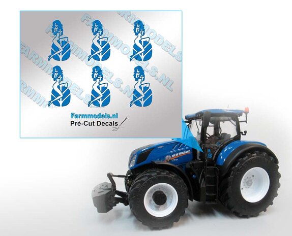 New Holland Logo / Embleem met vrouw, 6 keer blauw op transparante folie 7,5 x 4 mm  Pr&eacute;-Cut Decal op transparant 1:32 Farmmodels.nl 