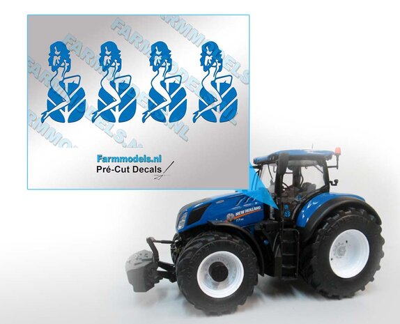 New Holland Logo / Embleem met vrouw, 4 keer blauw op transparante folie 12,5 x 7 mm  Pr&eacute;-Cut Decal op transparant 1:32 Farmmodels.nl 