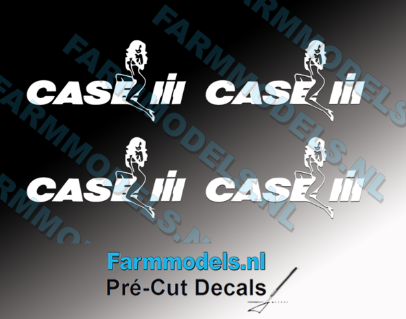 Case Logo met vrouw, 4x wit op transparante folie, 7,5 mm x 15 mm Pr&eacute;-Cut Decals 1:32 Farmmodels.nl 