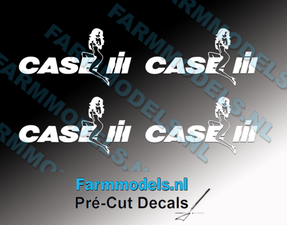 Case Logo met vrouw, 4x wit op transparante folie, 15 mm x 25 mm Pr&eacute;-Cut Decals 1:32 Farmmodels.nl 