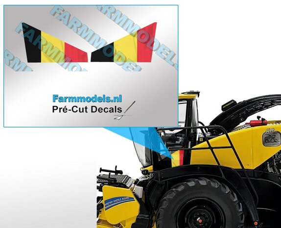 NEW HOLLAND BE VLAG Demo Tour tbv NH FR780 Hakselaar  Pr&eacute;-Cut Decals geel op rode folie 1:32 schaal Farmmodels.nl