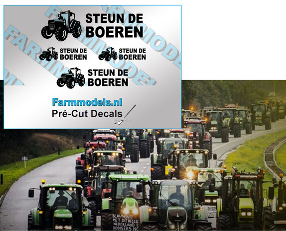 4x STEUN DE BOEREN sticker zwart/wit op transparante folie, 57mm, 40mm  en 2x 26 mm breed Pr&eacute;-Cut Decals 1:32 Farmmodels.nl