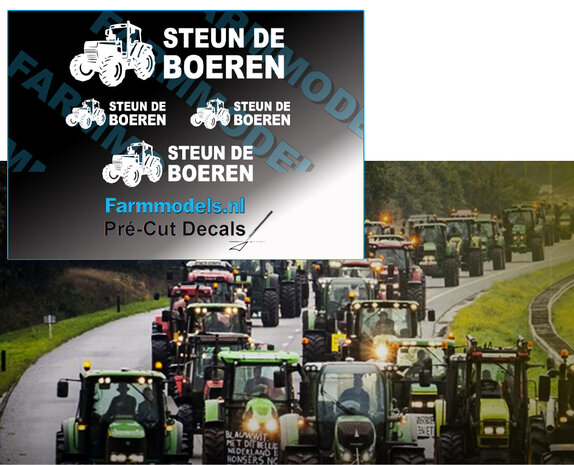4x STEUN DE BOEREN sticker wit op transparante folie, 57mm, 40mm  en 2x 26 mm breed Pr&eacute;-Cut Decals 1:32 Farmmodels.nl