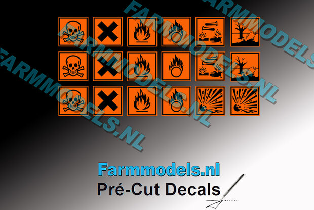 18x Gevaarlijke stof en vergif Verzamelset  4,7 mm hoog Pr&eacute;-Cut Decals 1:32 Farmmodels.nl