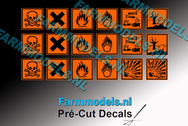 18x Gevaarlijke stof en vergif Verzamelset  7,8 mm hoog Decals 1:32 Farmmodels.nl