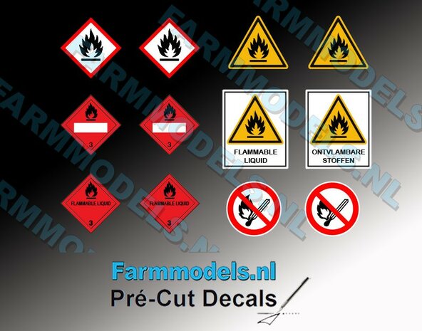 Brandgevaar / Ontvlambaar verzamelset  12 stuks gemiddeld 10 mm hoog. Decals, Farmmodels.nl, 1:32