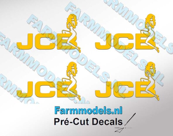 JCB logo met vrouw, 4x geel/oranje 7,5 mm x 12,5 mm op Transparante folie Pr&eacute;-Cut Decals 1:32 Farmmodels.nl