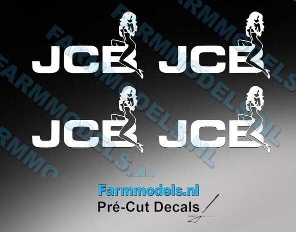 JCB logo met vrouw, 4x wit 7,5 mm x 12,5 mm op Transparante folie Pr&eacute;-Cut Decals 1:32 Farmmodels.nl