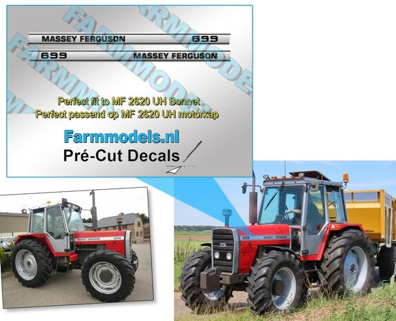 Massey Ferguson MF-699 type stickers op Zilverfolie 52x3mm Pr&eacute;-Cut Decals 1:32 Farmmodels.nl