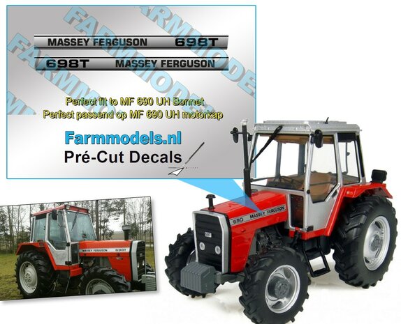 Massey Ferguson 698T type stickers op Zilverfolie 38,8 x 3 mm Pr&eacute;-Cut Decals 1:32 Farmmodels.nl