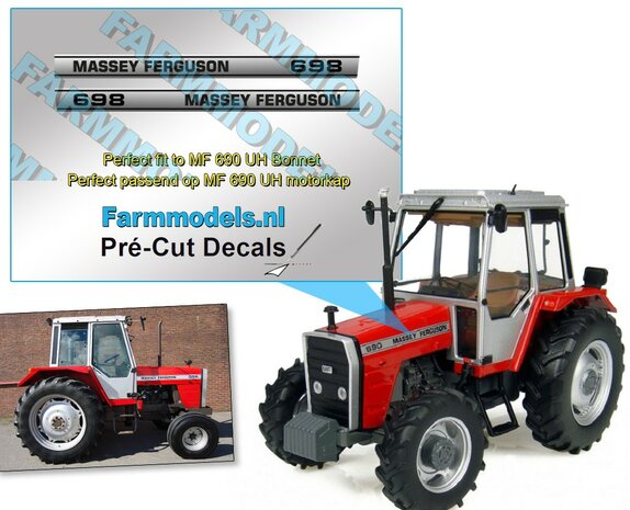 Massey Ferguson 698 type stickers op Zilverfolie 38,8 x 3 mm Pr&eacute;-Cut Decals 1:32 Farmmodels.nl