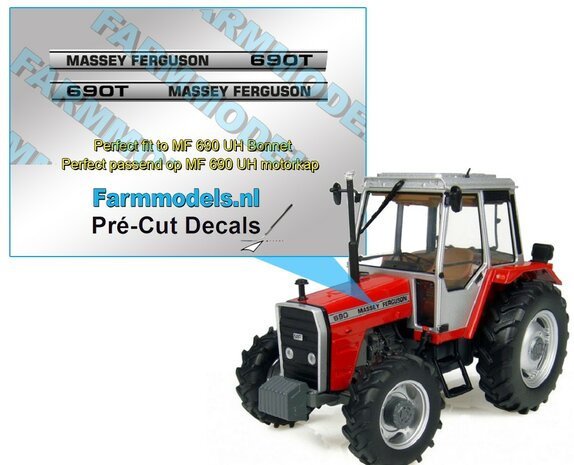 Massey Ferguson 690T type stickers op Zilverfolie 38,8 x 3 mm Pr&eacute;-Cut Decals 1:32 Farmmodels.nl