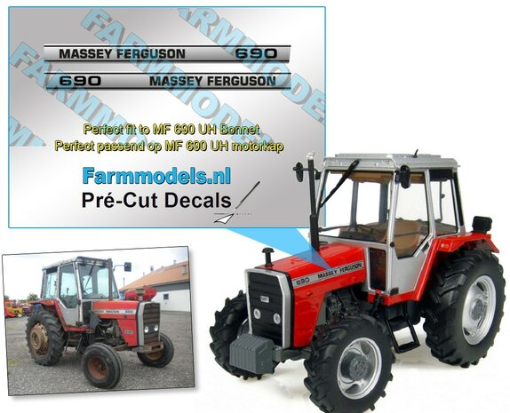 Massey Ferguson 690 type stickers op Zilverfolie 38,8 x 3 mm Pr&eacute;-Cut Decals 1:32 Farmmodels.nl