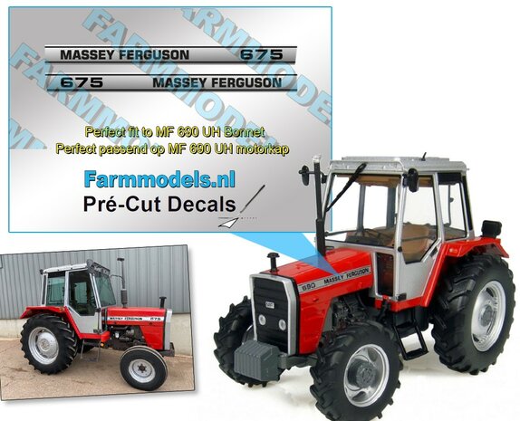 Massey Ferguson 675 type stickers op Zilverfolie 38,8 x 3 mm Pr&eacute;-Cut Decals 1:32 Farmmodels.nl