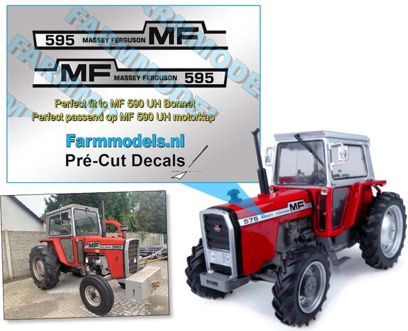 Massey Ferguson 595 Typenr. Pr&eacute;-Cut Decals,  Geschikt voor motorkap MF 2620 UH, Farmmodels.nl, 1:32