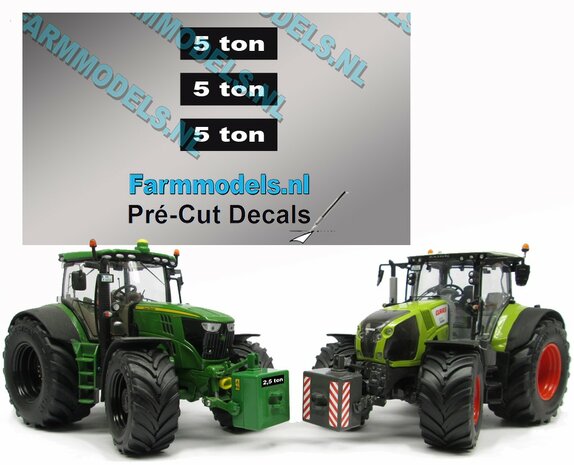 5 TON stickers, Geschikt voor diverse frontgewichten. 5x15 mm op zwarte folie. Pr&eacute;-Cut Decals 1:32 Farmmodels.nl 