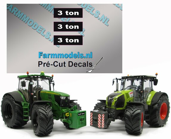 3 TON stickers, Geschikt voor diverse frontgewichten. 5x15 mm op zwarte folie. Pr&eacute;-Cut Decals 1:32 Farmmodels.nl 