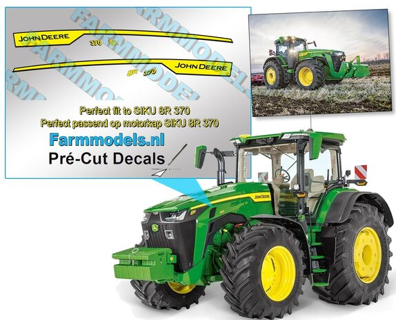 JOHN DEERE 8R 370 type stickers, Geschikt voor SIKU 8R 370  Pr&eacute;-Cut Decals 1:32 Farmmodels.nl 