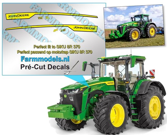 JOHN DEERE 8R 310 type stickers, Geschikt voor SIKU 8R 370  Pr&eacute;-Cut Decals 1:32 Farmmodels.nl 