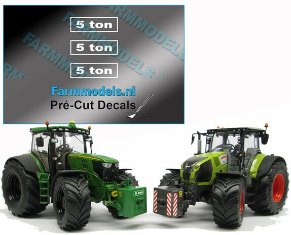 5 TON stickers, Geschikt voor diverse frontgewichten. 5x15 mm WIT op transparante folie. Pr&eacute;-Cut Decals 1:32 Farmmodels.nl 