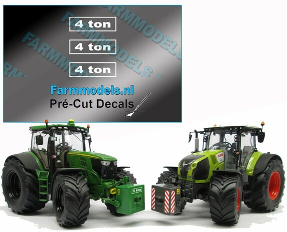 4 TON stickers, Geschikt voor diverse frontgewichten. 5x15 mm WIT op transparante folie. Pr&eacute;-Cut Decals 1:32 Farmmodels.nl 