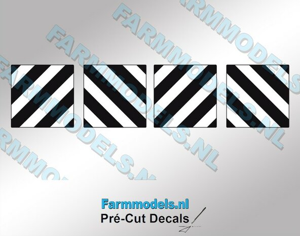 Verdrijvingsbord/ Verkeer ZWART-wit gestreepte stickers MET kader op TRANSPARANTE folie 14 x 14 mm   Pr&eacute;-Cut Decals 1:32 Farmmodels.nl