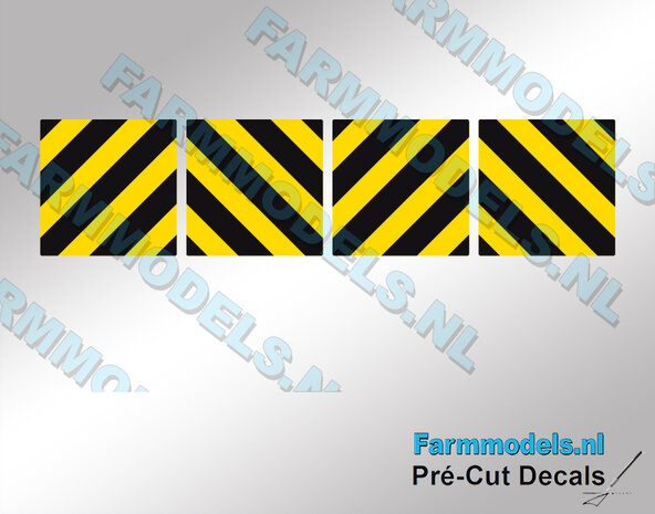 Verdrijvingsbord/ Verkeer ZWART-geel gestreepte stickers ZONDER kader op gele folie 14x14 mm   Pr&eacute;-Cut Decals 1:32 Farmmodels.nl
