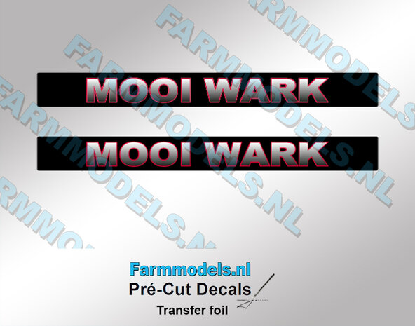 2x  MOOIWARK Voorruitstickers 60x10 mm  op zwarte glans folie Pr&eacute;-Cut Decals 1:32 Farmmodels.nl 