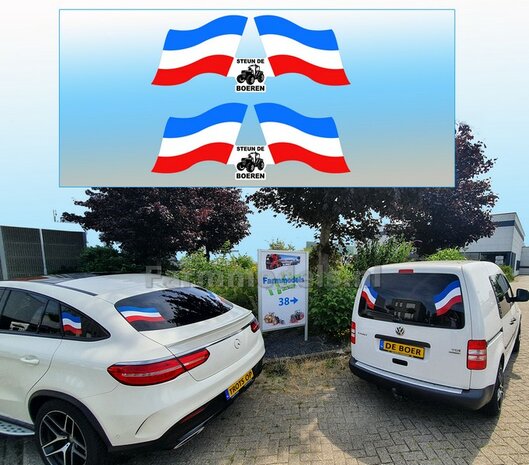 2x BLAUW-WIT-ROOD vlaggen aan elkaar, incl. 1x STEUN DE BOER in het midden, afm. per sticker 55 mm x 140 mm   Pr&eacute;-Cut Decals 1:32 Farmmodels.nl 