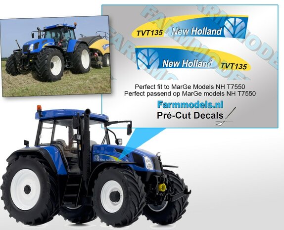 New Holland TVT 135 type stickers voor T7550 Marge Models motorkap Pr&eacute;-Cut Decals 1:32 Farmmodels.nl 