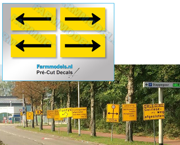 Verkeersbord - Omleiding/Werk in uitvoering, type OB501t - Pijl links/rechts 4 stuks 28mm Pr&eacute;-Cut Decals 1:32 Farmmodels.nl 