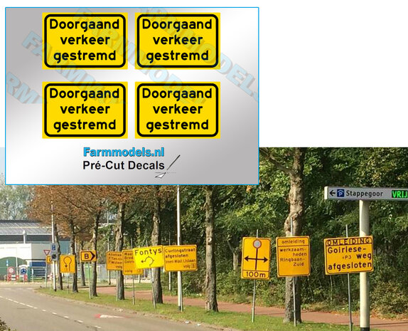 Verkeersbord - doorgaand verkeer gestremd, type OB727t - 4 stuks 28 x 18,7mm Pr&eacute;-Cut Decals 1:32 Farmmodels.nl 