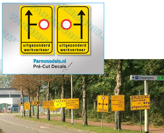 Verkeersbord - omleiding met onderbord Links+rechts assorti-set type WIU L10 - 2 stuks 28 x 40,6mm Pr&eacute;-Cut Decals 1:32 Farmmodels.nl