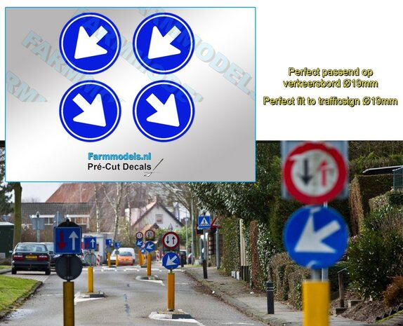 Verkeersbord - Gebod te passeren, Links+rechts type D02  - 4 stuks &Oslash; 19mm  Decals 1:32 Farmmodels.nl