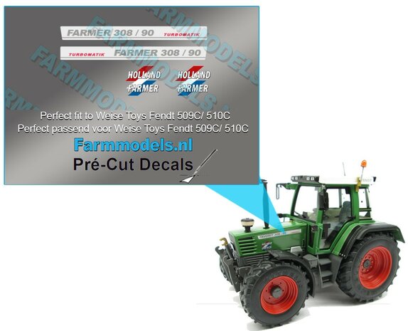 FENDT HOLLAND FARMER 308/90 TURBOMATIK type stickers Pr&eacute;-Cut Decals 1:32 Farmmodels.nl 