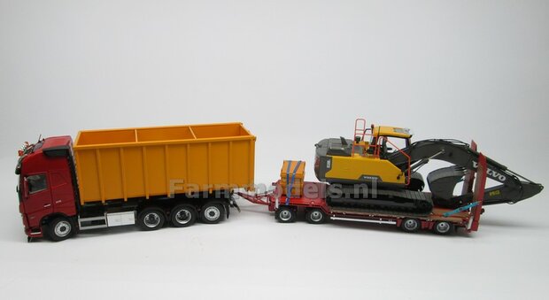 VOORBEELD FOTOS: HOOKLIFT VOLVO FH5 met Farmmodels bouwkits, Krampe haakarmbak van Wiking met opzetschotten, Nooteboom semi-dieplader etc.