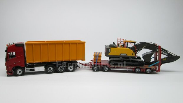 VOORBEELD FOTOS: HOOKLIFT VOLVO FH5 met Farmmodels bouwkits, Krampe haakarmbak van Wiking met opzetschotten, Nooteboom semi-dieplader etc.