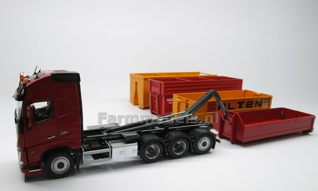 VOORBEELD FOTOS: HOOKLIFT VOLVO FH5 met Farmmodels bouwkits, Krampe haakarmbak van Wiking met opzetschotten, Nooteboom semi-dieplader etc.