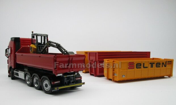 VOORBEELD FOTOS: HOOKLIFT VOLVO FH5 met Farmmodels bouwkits, Krampe haakarmbak van Wiking met opzetschotten, Nooteboom semi-dieplader etc.