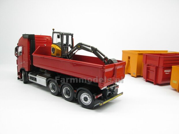 VOORBEELD FOTOS: HOOKLIFT VOLVO FH5 met Farmmodels bouwkits, Krampe haakarmbak van Wiking met opzetschotten, Nooteboom semi-dieplader etc.