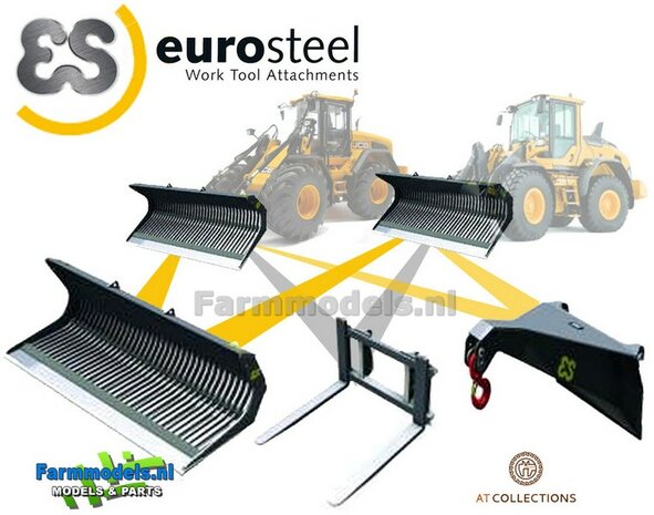 3x EuroSteel: Puinriek, Palletvork &amp; Hijsjip set geschikt voor snelwissel JCB &amp; Volvo L60H Shovel Agri Collectables 1:32 AT3200121         PRE-ORDER