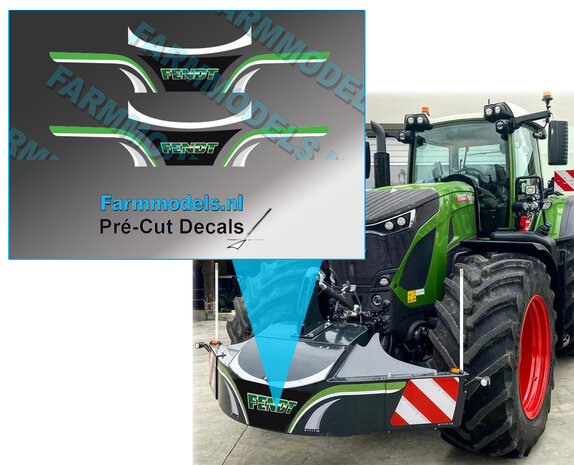 2x  FENDT logo kleur tbv UH Safetyweight Artnr 20797 en 20795 op zwarte folie Pr&eacute;-Cut Decals 1:32 Farmmodels.nl