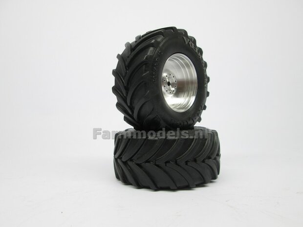 &Oslash;&nbsp; 68 x 32 mm: JOHN DEERE 8500i: 2x Vredestein banden + ALUMINIUM Velgen BLANK geleverd voor de vooras van de  John Deere 8500i hakselaar, 1:32            
