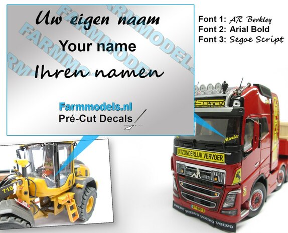 UW TEKST of NAAM 3x Decals met uw opgegeven tekst 4 mm hoog 1:32 Farmmodels.nl